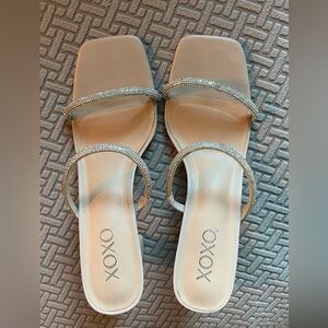 XOXO Nude Rhinestone Double Strap Block Heels- Square Toe